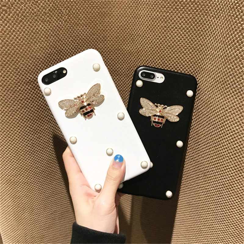 Aoweziic Luxury Leather 3D Metal Bee Pearl Phone Cases For iphoneX XS MAX XR Material Fashion Fundas 6S 7 8Plus Back Cover Coque