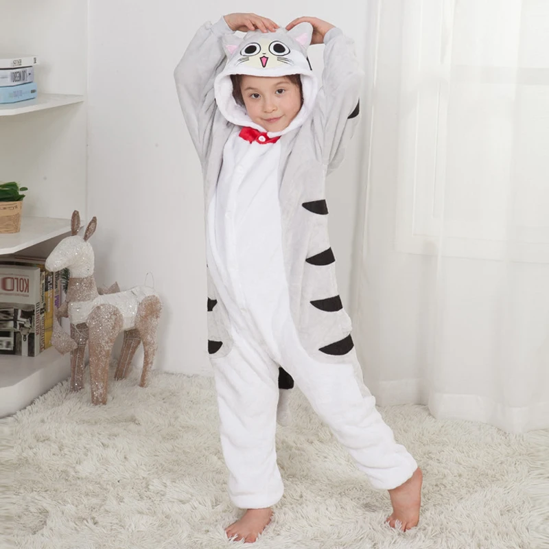 Attractive Cheese Cat Kigurumi Children Onesies Cartoon Kids Flannel Pajamas One piece Sleepwear Cosplay For Halloween Jumpsuit (4)