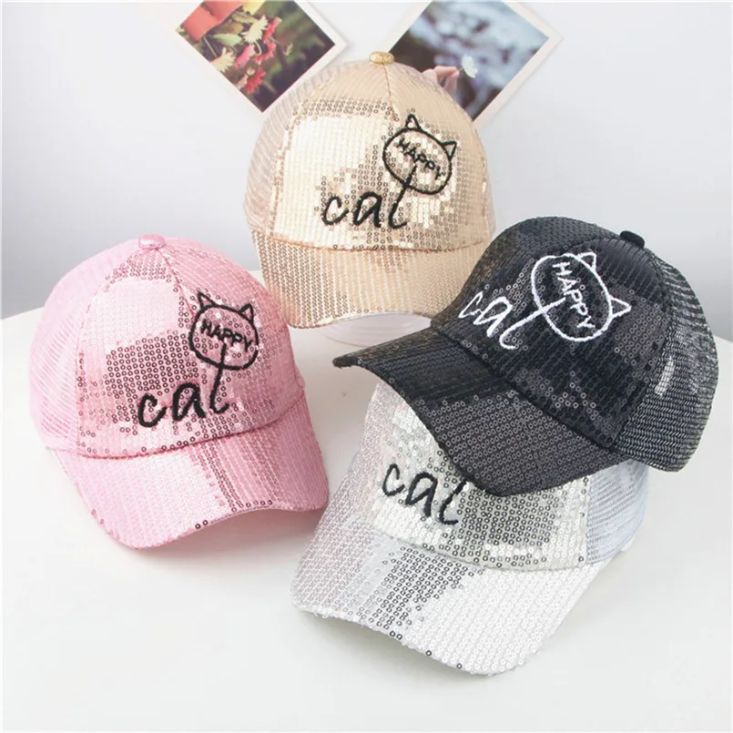 New fashion design Cute Kids Baby Children Cartoon Cat Student Paillette Hat Baseball Cap Sunhat (9)