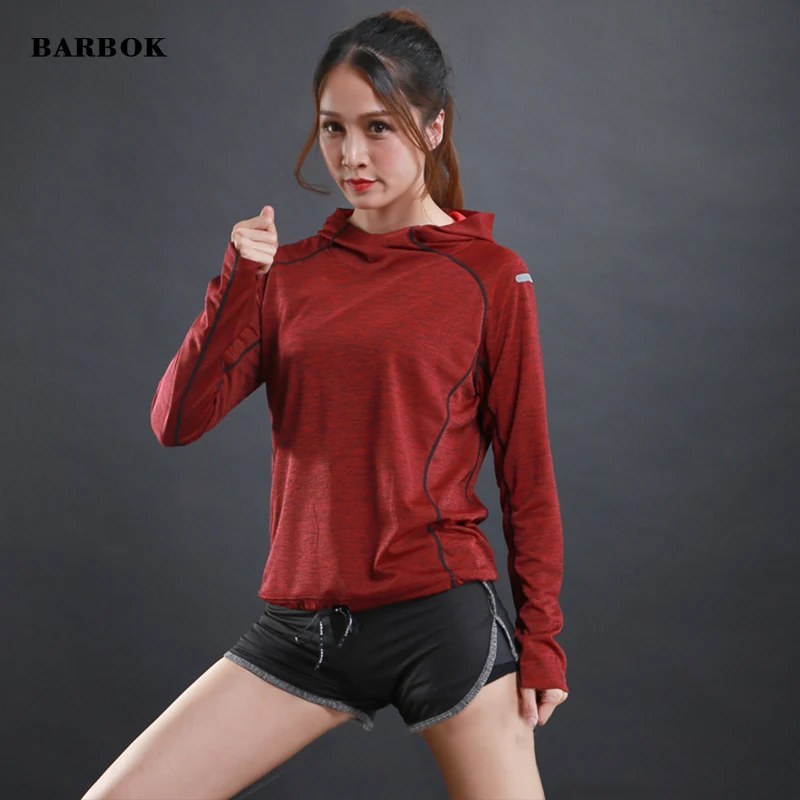 

BARBOK Women's Running T shirts Breathable Gym Fitness Long Sleeve Sweatshirts Jogging Quick Dry Training Jersey Reflective Hood