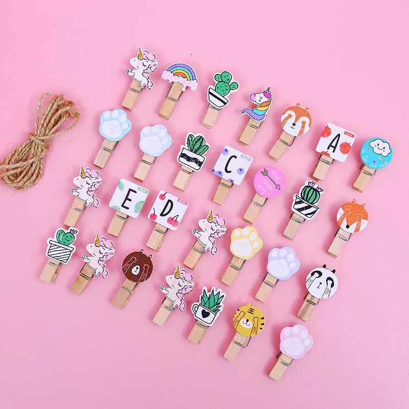 

10pcs Cute Mini Wood Clips Cartoon Unicorn Cactus Rainbow Photo DIY Tools Paper Clip Cat Wooden Clips With Hemp Rope Kawaii Clip