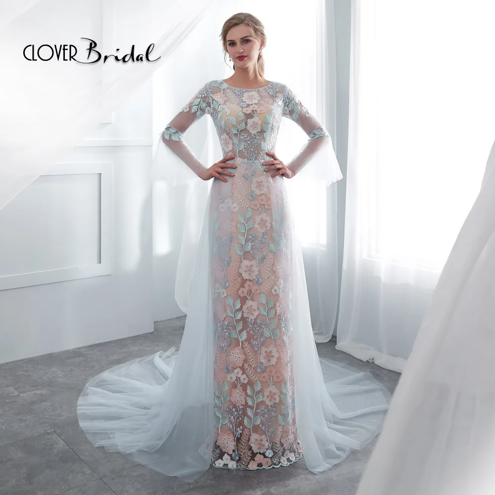 

CloverBridal Summer Latest Inexpensive Worthy Long Bugle Sleeves Colors Lace Light Blue Tulle Evening Dresses 2018 Outer skirt