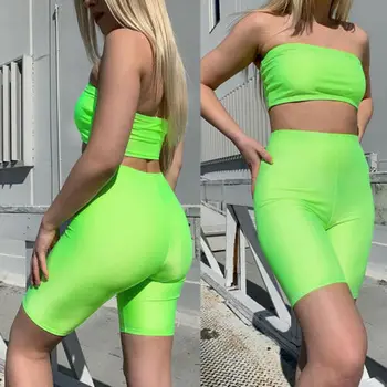 

New Women 2Piece Gym Wear Off shoulder Set Bodycon Jumpsuit Exercise CropTop Shorts Legging Casual