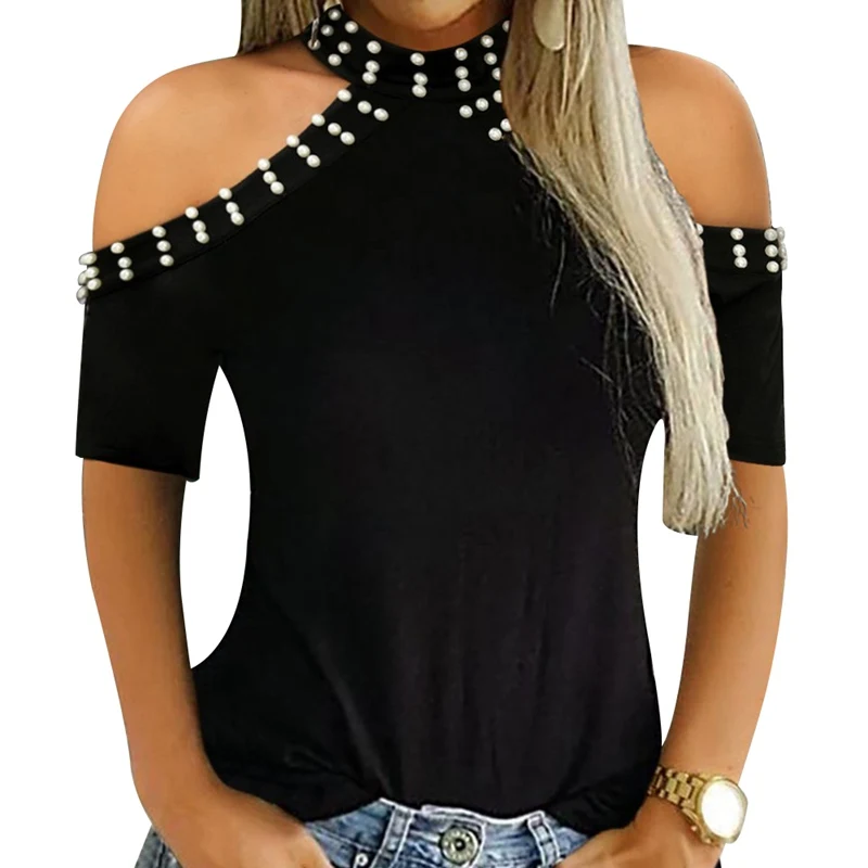 

Women Black Hollow Beads T-shirt Short Sleeve Off Shoulder Rhinestone Harajuku Tee Shirt Femme Punk Summer Tshirt Tops S-XL
