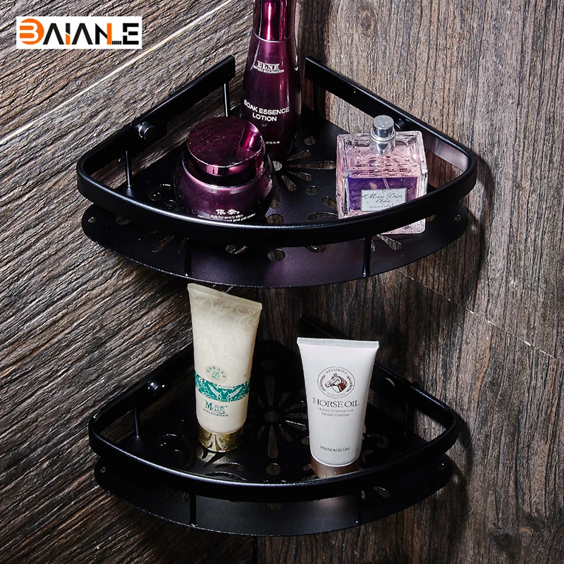 

Corner Wall Mounted Space aluminum Double Bathroom Accessories Shelf Bathroom big Basket Double Bathroom Shelves