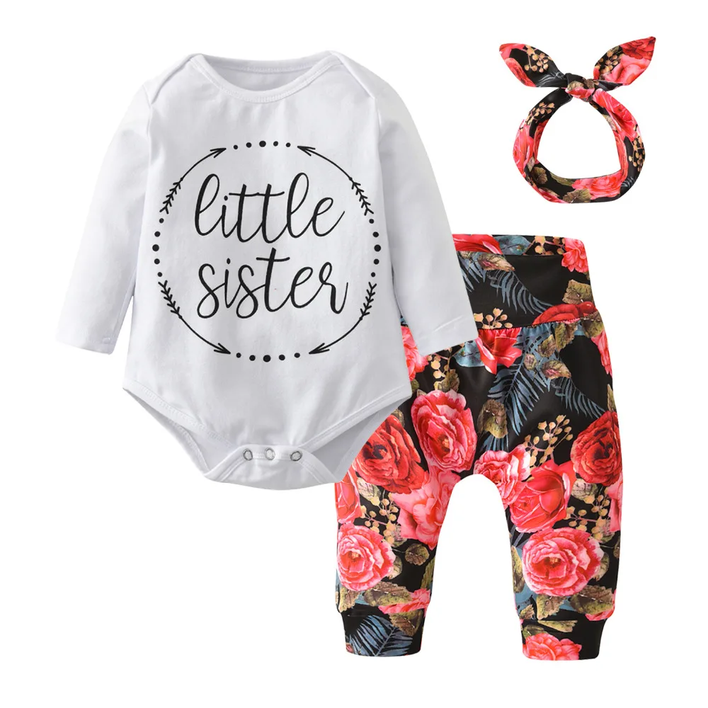 3Pcs Casual Floral Baby Girls Clothing Set Long Sleeve Letter Little 