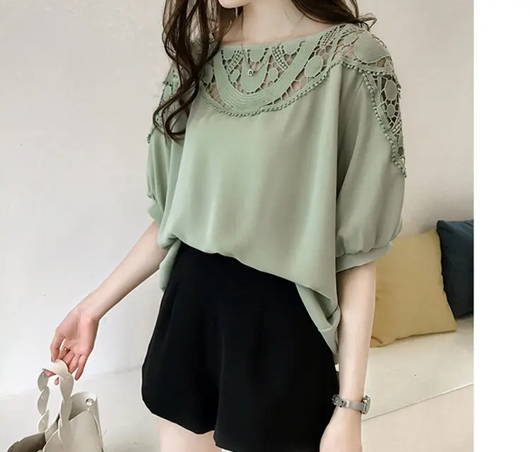 New Summer Tops Large Size Chiffon Blouses Women Korean-style Hollow Lace Patchwork Shirts Femme Casual Short Sleeve Blusas Mujer De Moda 2019 (8)