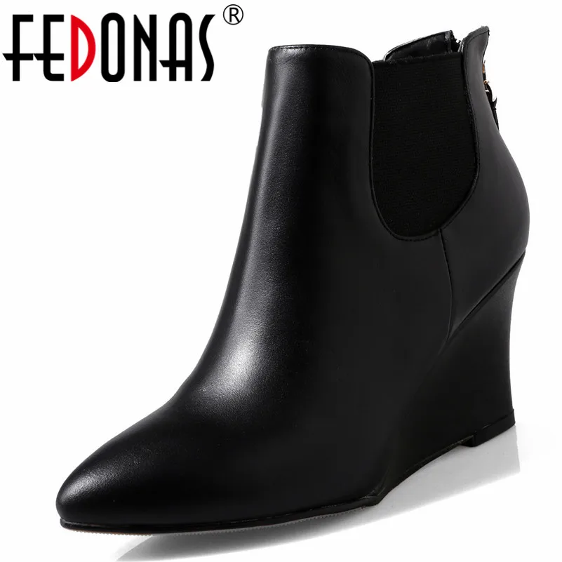 

FEDONAS Fashion Brand Women Wedges High Heeled Autumn Winter Martin Shoes Woman Zipper Genuine Leather Party Platforms Shoes