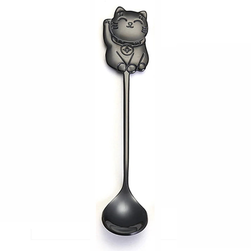 Vacclo Lucky Cat кофейная ложка для перемешивания красочная Нержавеющая Сталь Десертная молочно-чайная ложка для сахара кухонная посуда кружка чашка Декор подарок - Цвет: Black
