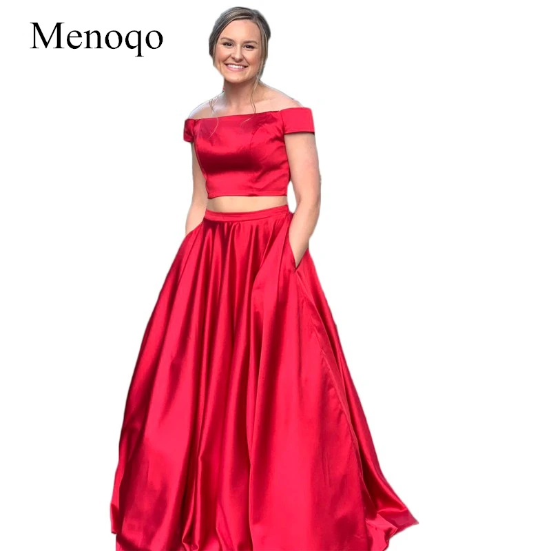 Red Satin Prom Dresses off shoulder Short Sleeve Two Pieces Long Graduation for Girls with Pockets vestido longo | Свадьбы и