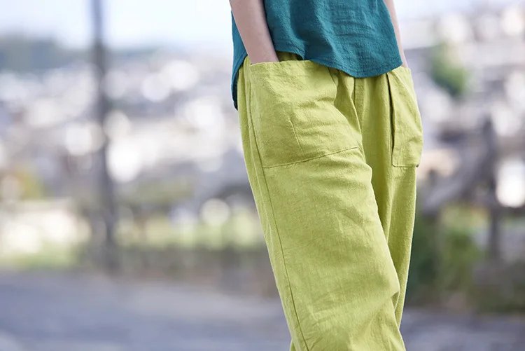 LZJN Baggy Pantalon Women Loose Ankle length Pants Linen Wide Leg Ladies Casual Sand Wash Summer Cool Baggy Trousers with Pocket (22)