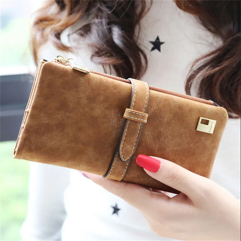 2016 Brand Lady Bags Women Wallets Matte Drawstring Nubuck Handbags Leather Zipper Wallet Purse Long Two Fold Clutch Card Holder