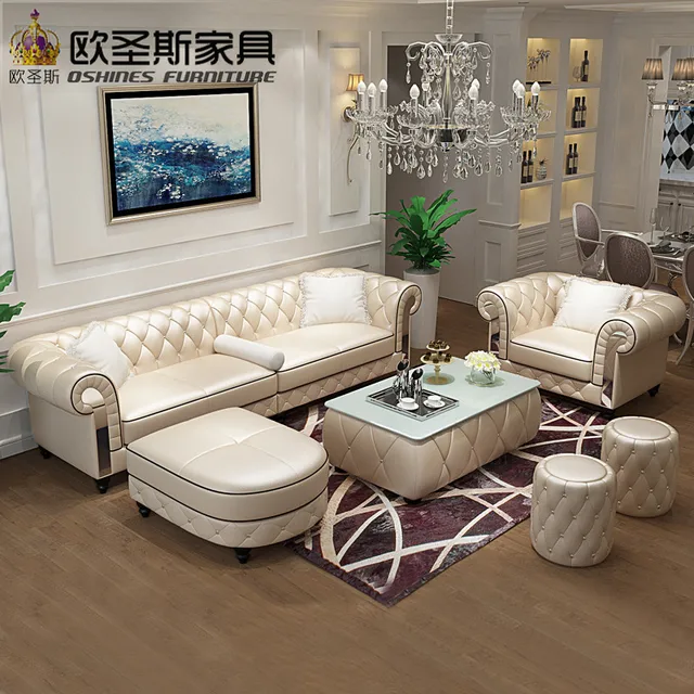 French Lorenzo Unique Champagne Chesterfield Stainless Steel Ons French Lorenzo Unique Champagne Chesterfield Stainless Steel Ons Genuine Top Grain Polish Light Yellow Leather Sofa Set