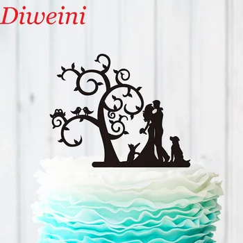

Wedding Bride and Groom Cake Topper ,Love Birds Cake Topper,Silhouette Couple Kiss Cake Topper With Dog,Tree Cake Decoration
