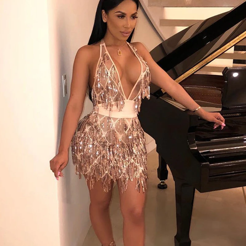 

Sequins Backless Bandage Sexy Dress Bodycon Women Deep V Nightclub Party Dress Sequines Halter Mini Dresses Vestidos