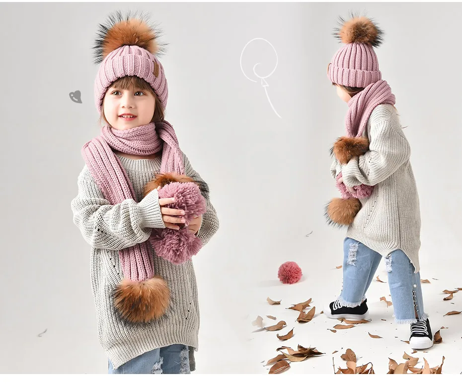 FURTALK Kids Winter Warm Chunky Thick Knit Beanie Hats and Scarves Real Fur Pompom Hat Scarf Set for Child Ages 2-10