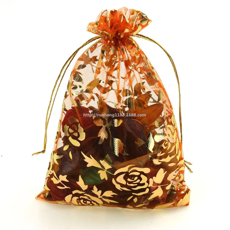 

100pcs 15 * 20cm Drawable Organza Sheer Gauze Element Pouches BagsJewelry Packaging Bronzing Rose Eugen Gift Candy Bags 5ZSH336