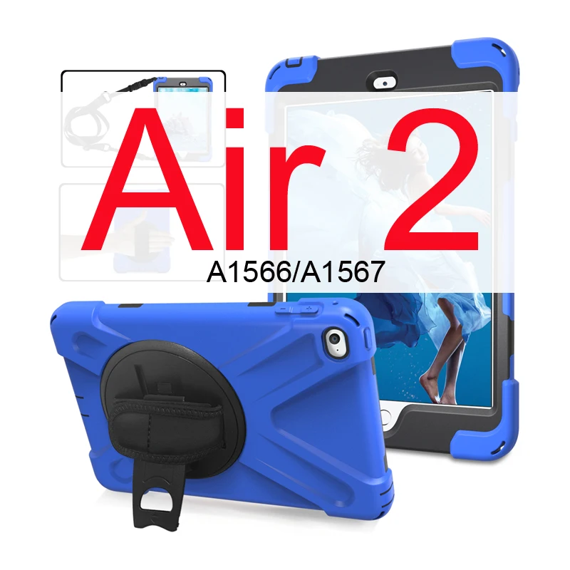 Чехол для iPad Air 1 2 9,7 детский противоударный сверхпрочный силиконовый Жесткий чехол+ ремешок на руку для iPad Air 2 Чехол 5 6 Чехол подставка - Цвет: Dark blue for air 2