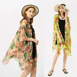 Для женщин пляж 3/4 рукава купальник Крышка блузки для малышек цветной тропические листья с цветочным принтом кимоно кардиган сбоку