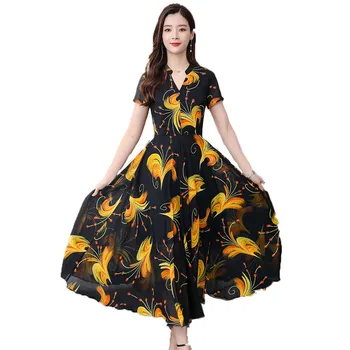

Yellow temperament chiffon dress Women 19 summer New Korean version M-3XL plus size red green slim fashion dress vestido JD262