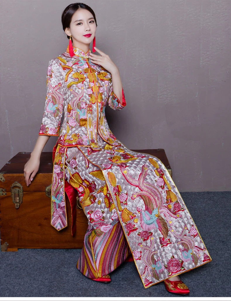 Вышивка дракон феникс невесты платье cheongsam классическая свадьба Qipao платье тонкий Стиль для свадьбы и бесплатная доставка