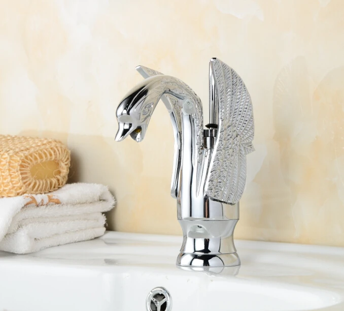 

Polished Chrome Gold Basin Faucet Swan Shape Single Handle Vessel Sink Mixer