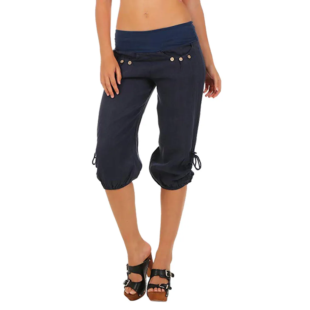 

Pants For Women Fashion Casual Summer Elastic Waist Boho Check Pockets Pants Baggy Herern Capris Pantalones De Mujer #T