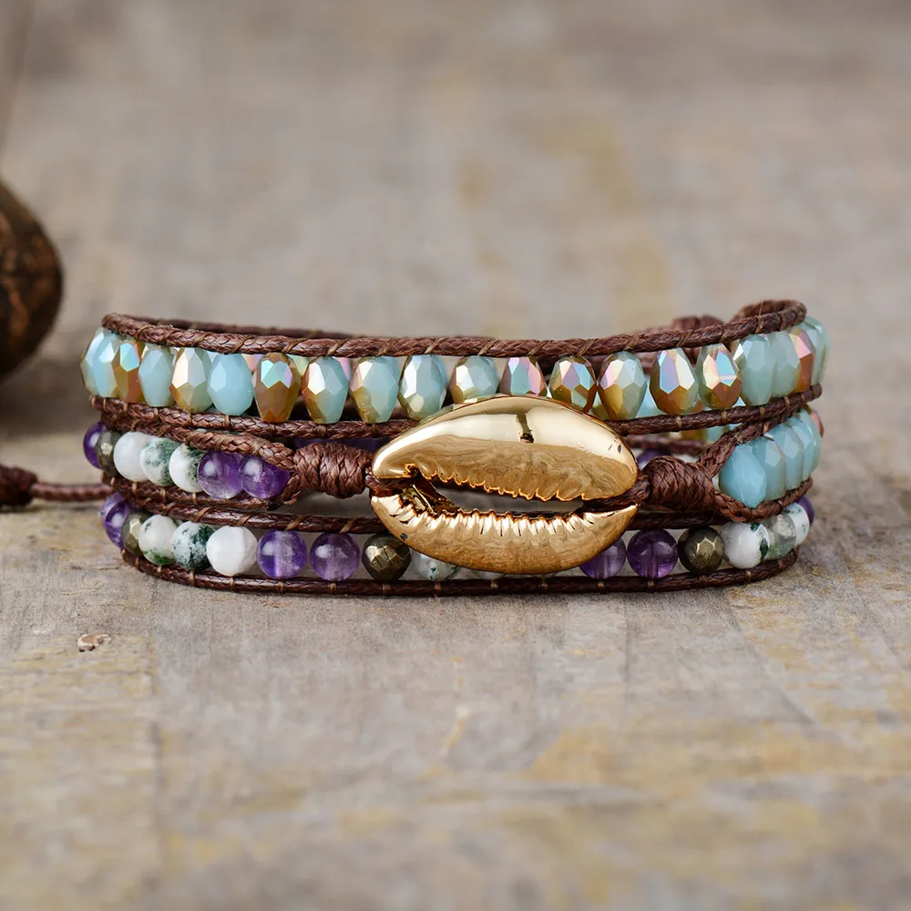 

Boho Friendship Bracelets Gold Puka Cowry Shell Crystal Onyx Non Leather Wrap Bracelet Girl Beach Holiday Bracelets Femme