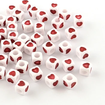 

7mm Opaque Square Acrylic Beads with Red Heart Cube Large Hole Spacers Bracelets Necklace Earrings Jewelry Making 4mm 100pcs/lot