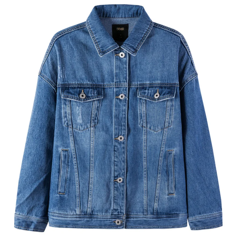 SEMIR Women 100% Cotton Oversized Denim Jacket with Collar Boyfriend Denim Jacket with Chest Pocket and Slant Pocket Chic Style
