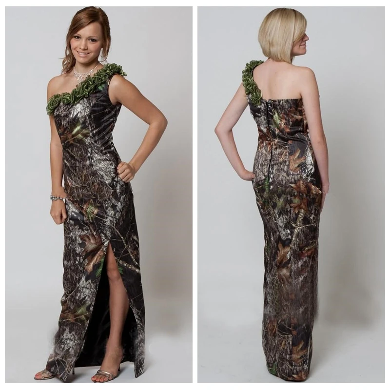 

One Shoulder Sheath Camo Wedding Dresses Split Side Camouflage Bridal Gowns Slim Real Tree Style 2019 Cheap Vestidos De Mariee