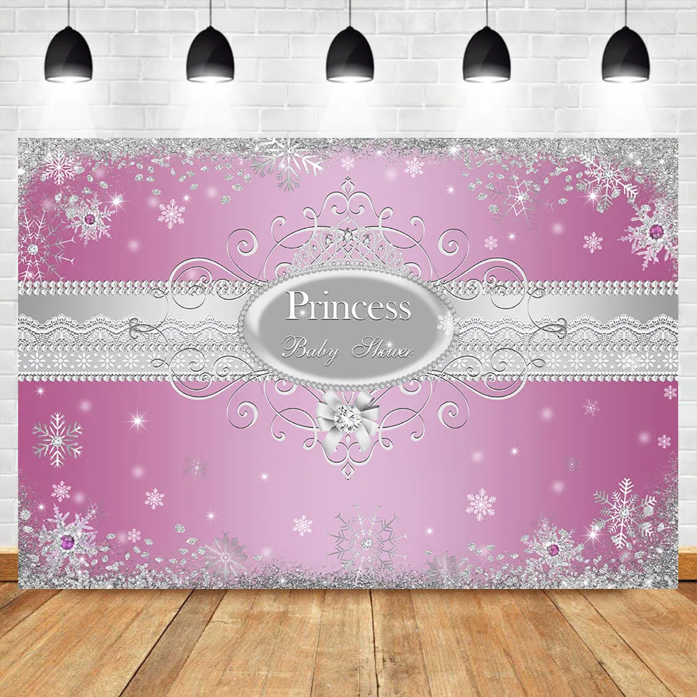 

Newborn Baby Shower Photo Background Princess Baby Shower Party Photography Backdrop Pink Wall Snowflake Decor Banne