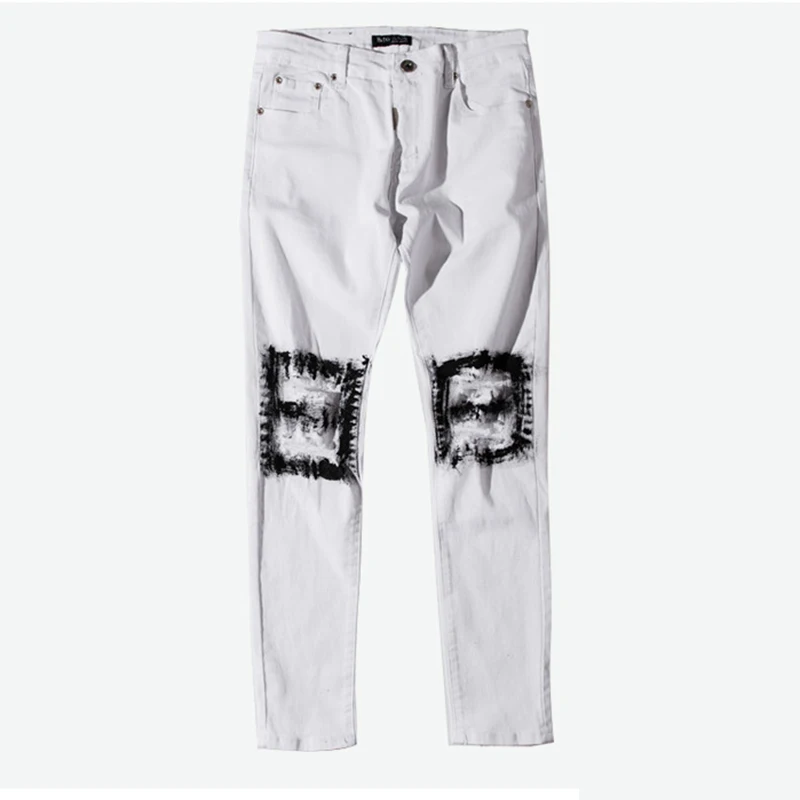 

Fashion Men Long Jeans High Street Trend Slim Fit Color Knee Hole Jeans Men's Wear Casual Hollow Denim Pants Large Size