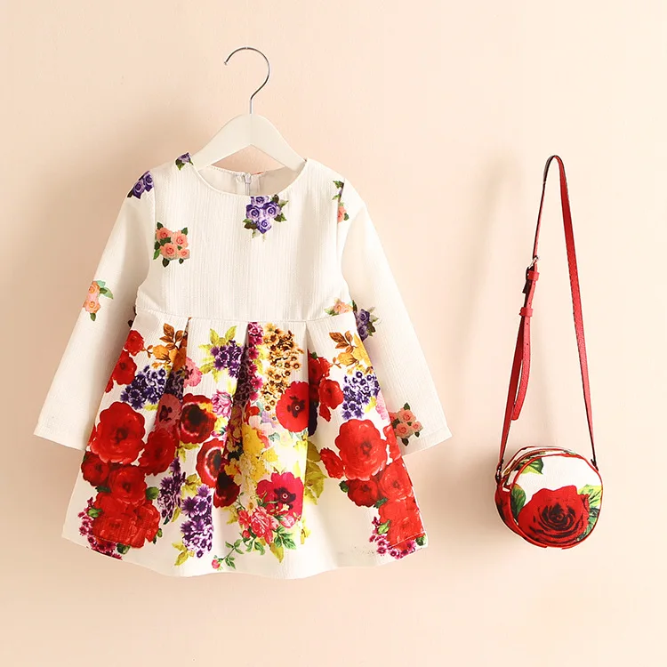 Long Sleeve Girl Dress + Bag Cute Princess Dress Cotton Print Baby Girl Flowers Dress  2-7Y Girl Clothes Wholesale