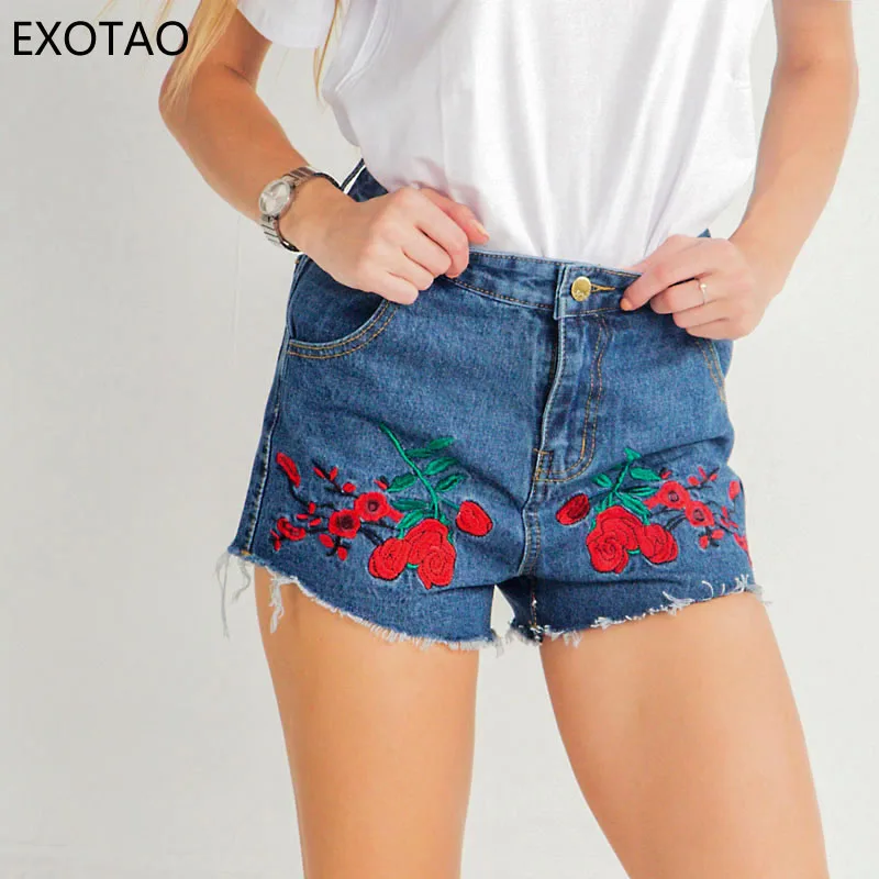 EXOTAO Embroidery Denim Shorts Women Floral Ladies Short Pants Frayed ...