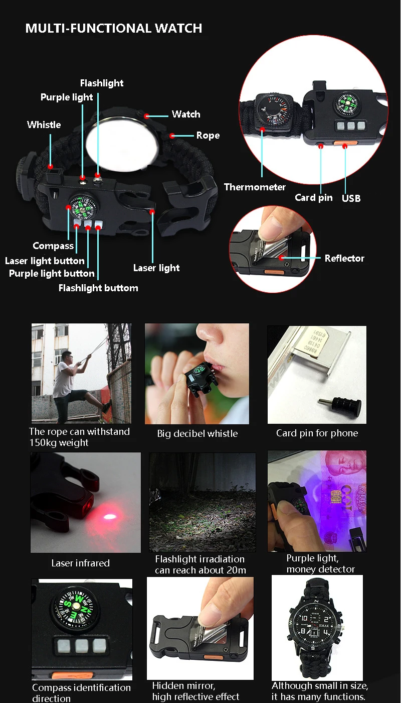 Многофункциональные часы для выживания Водонепроницаемый аварийный паракордовый Браслет Компас Свисток уличный спортивный инструмент аптечка