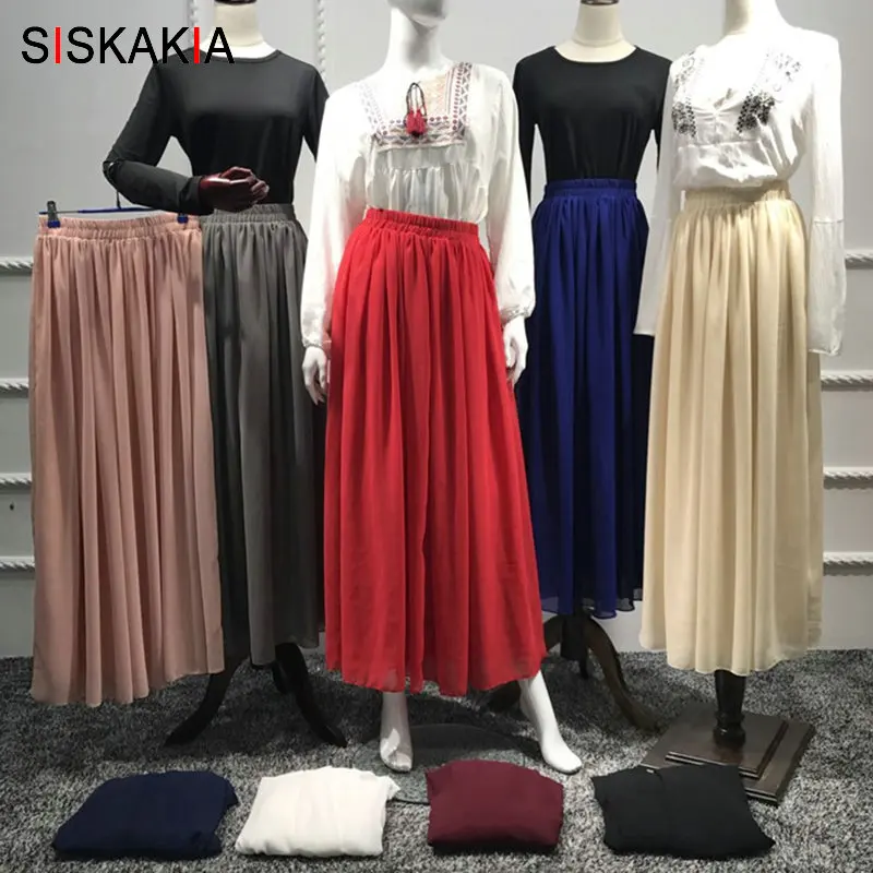 

Siskakia Fashion Chiffon Maxi Skirt Muslim Sweet Ladies Solid Pleated Skirt Long Ankle-Length 8 Colors Women Clothes Summer 2019