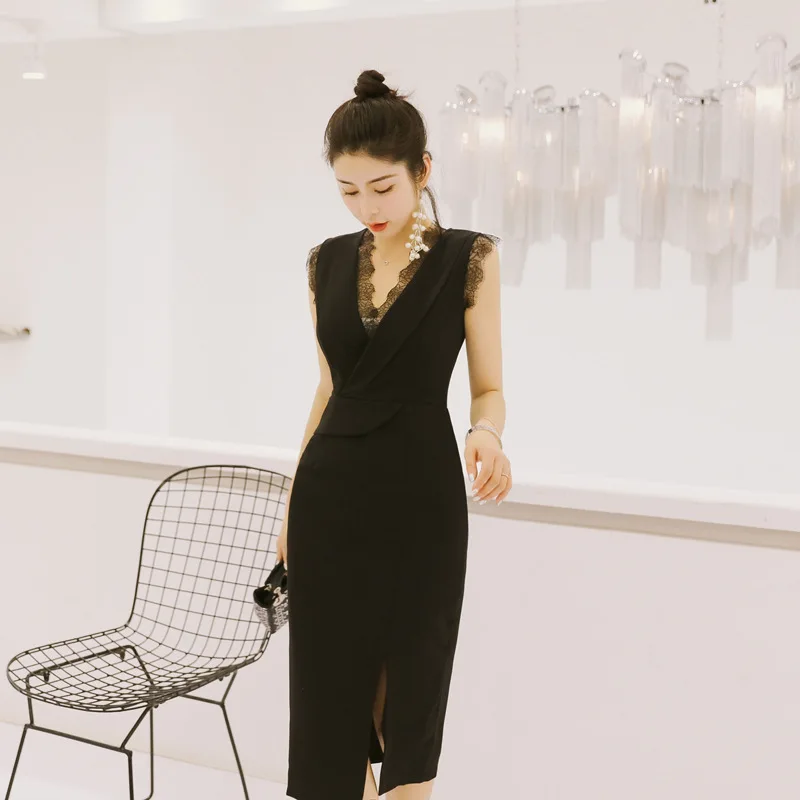 

Summer New Women's V-neck Lace Dress Split Sleeveless Dress