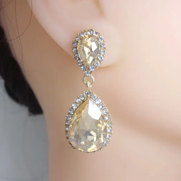 

Bride Wedding Art Style Flower Teardrop Earrings Brown Rhinestone Crystal