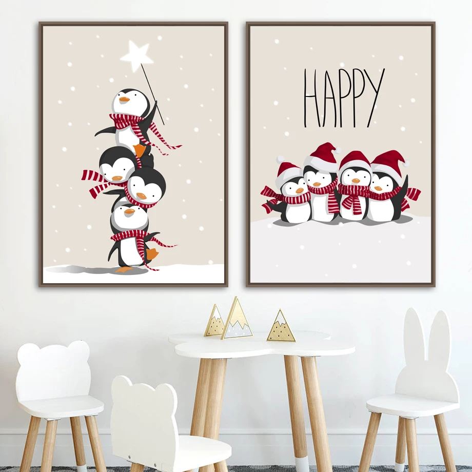 

Penguin Snowing Christmas Nordic Posters And Prints Wall Art Canvas Painting Nursery Art Print Wall Pictures For Kids Room Decor