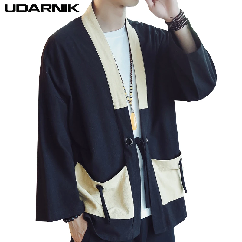 

Men Linen Kimono Jacket Thin Japanese Style Pockets 3/4 Sleeve Patchwork Vintage Coat Belt Outwear Plus Size Fashion 914-397