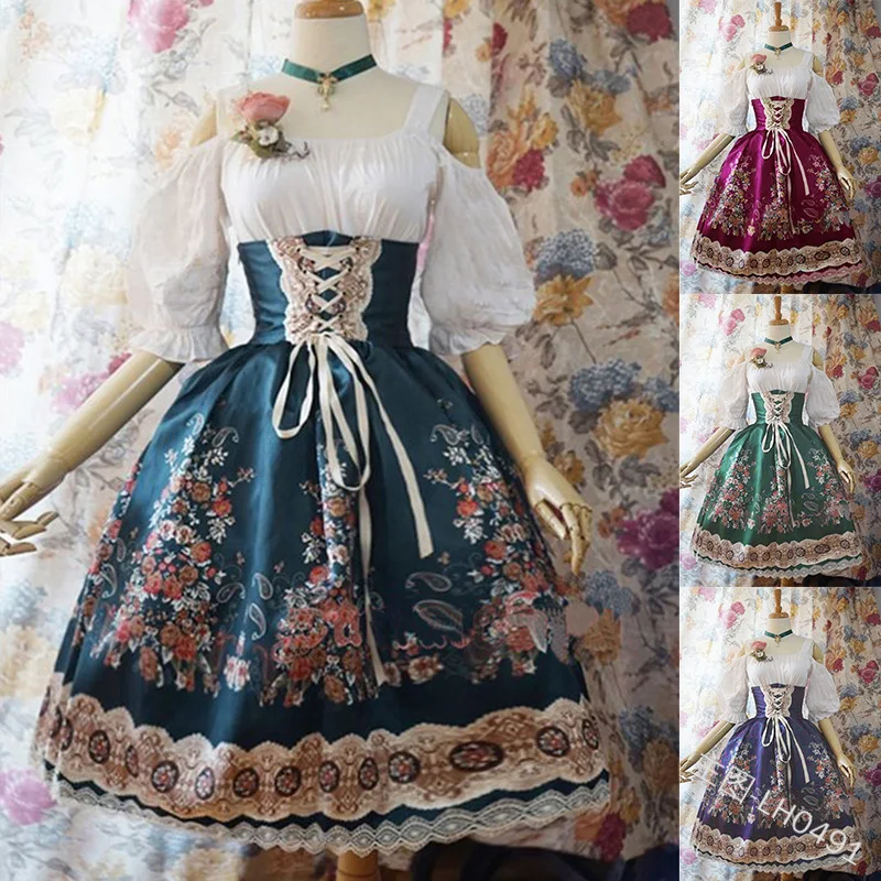 

Large Size 5XL Retro Dresses Lolita Printed High Waist Long Sleeve Lace Victorian Gothic Women medieval Costume