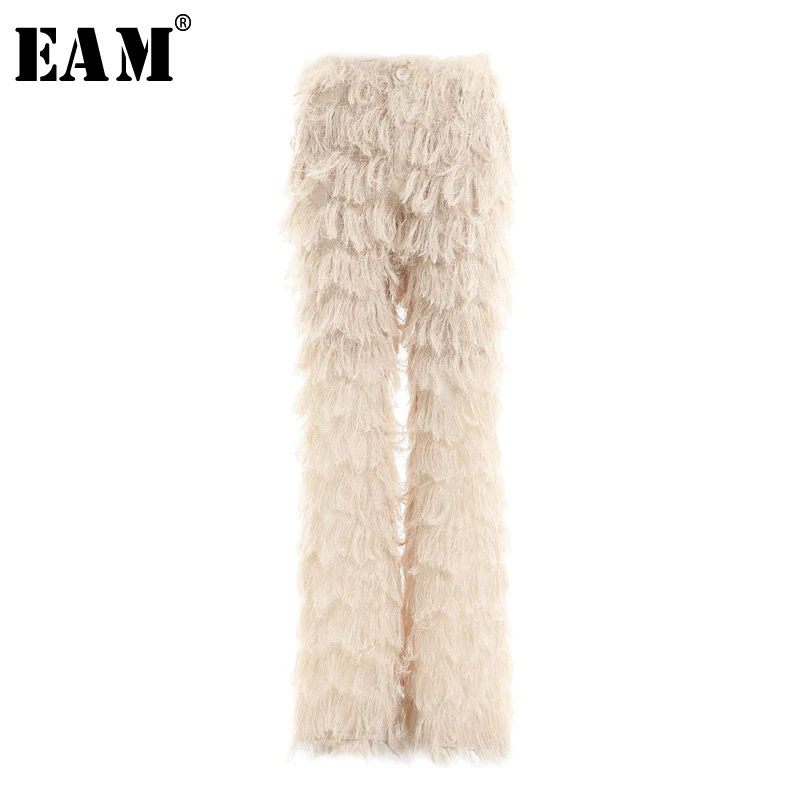 

[EAM] 2019 New Spring Summer High Elastic Waist Loose Apricot Long Wave Tassels Wide Leg Pants Women Trousers Fashion JQ267
