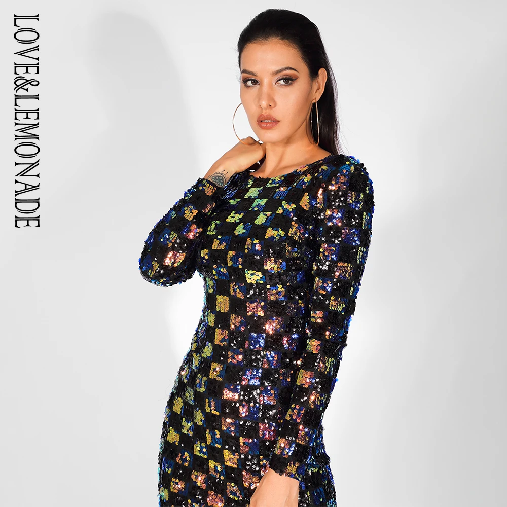

Love&Lemonade Sexy Open Back Round Neck Long Sleeves Plaid Sequins Dress LM81518 BLACK
