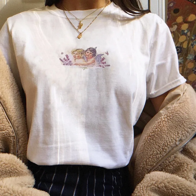 

Lavender Angle Print Summer Tshirt Women White O-neck Short Sleeve T-shirt Harajuku Tee Shirt Femme Top Camiseta Mujer