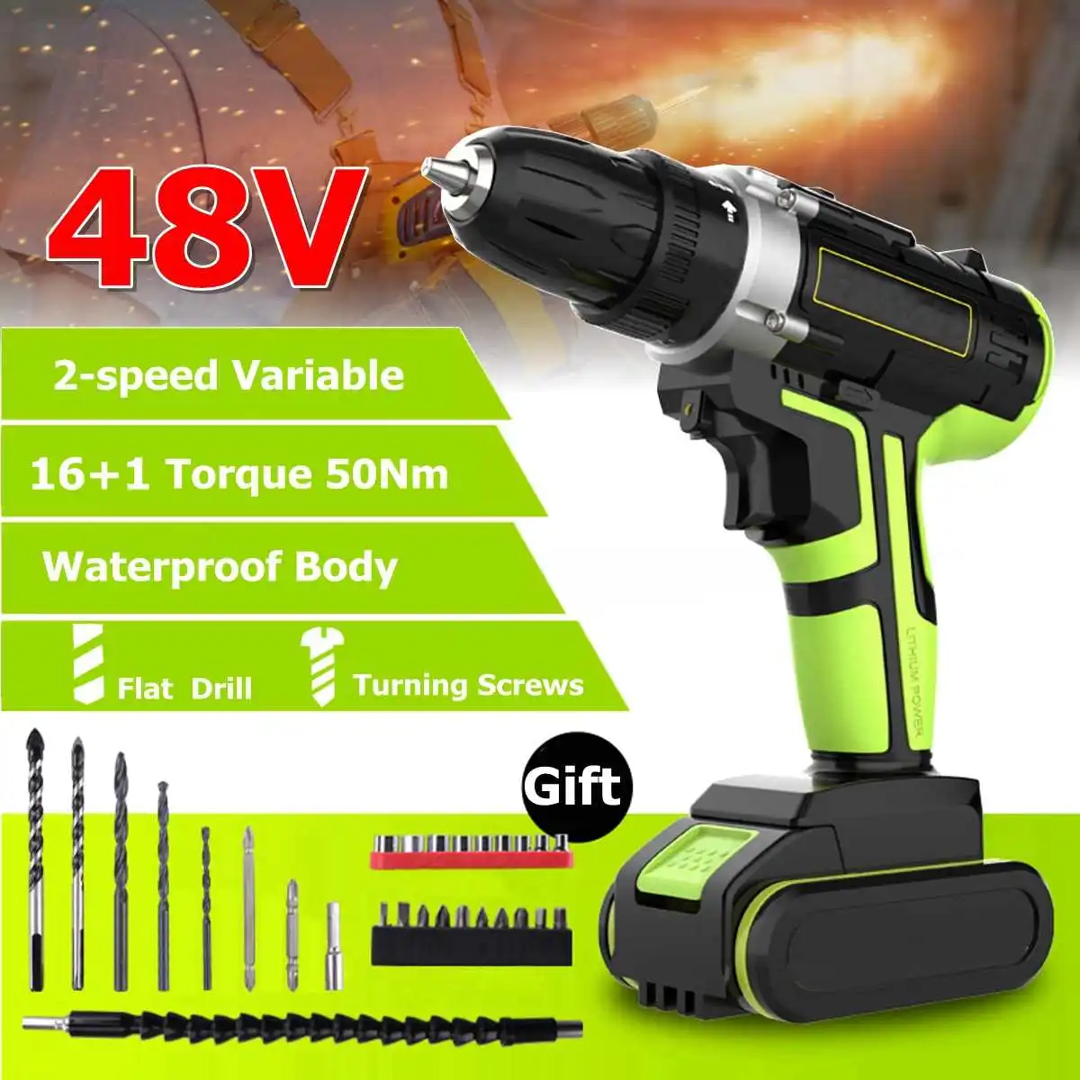 

Professional 48Vf Cordless drill Daul-Speed Adjustment LED lighting Large capacity battery 50Nm 16+1 torque 28pcs Accessories