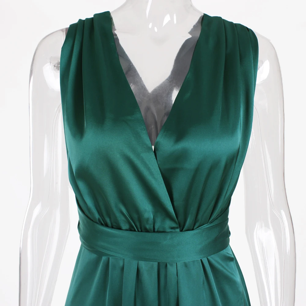 Пустотелый без спинки сексуальные макси-юбка зеленое Shinyатлас платье атласное DIY ремень долгоDress платье летнее женское