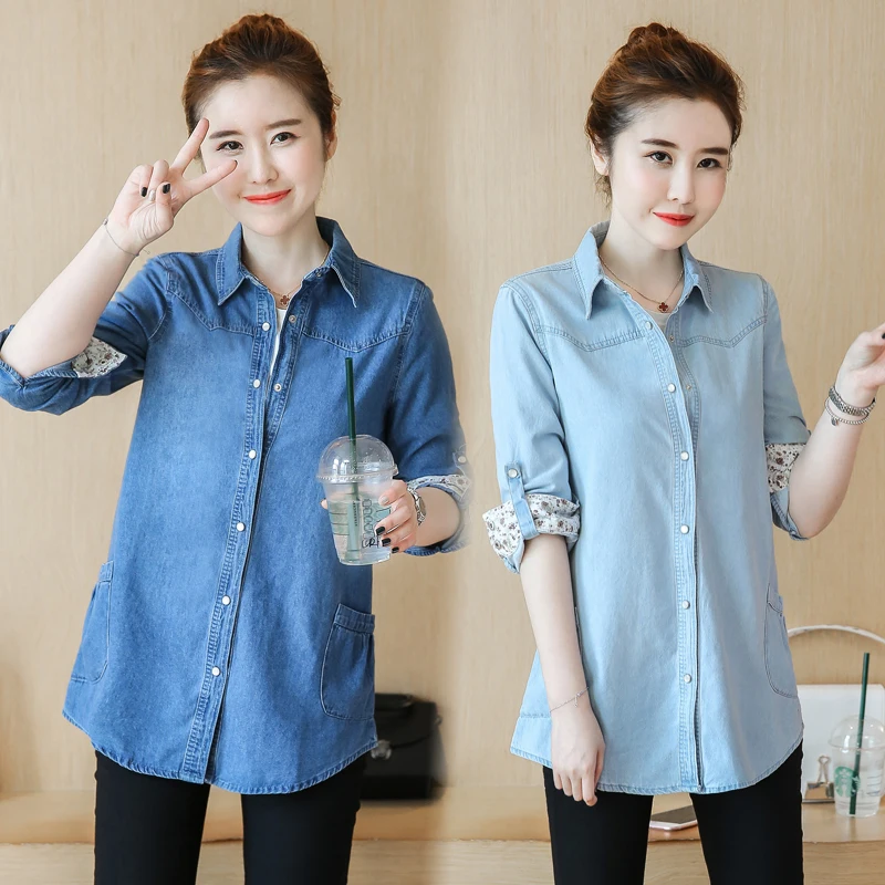 Женская джинсовая рубашка с длинным рукавом свободного покроя|long denim shirt womens|blouse