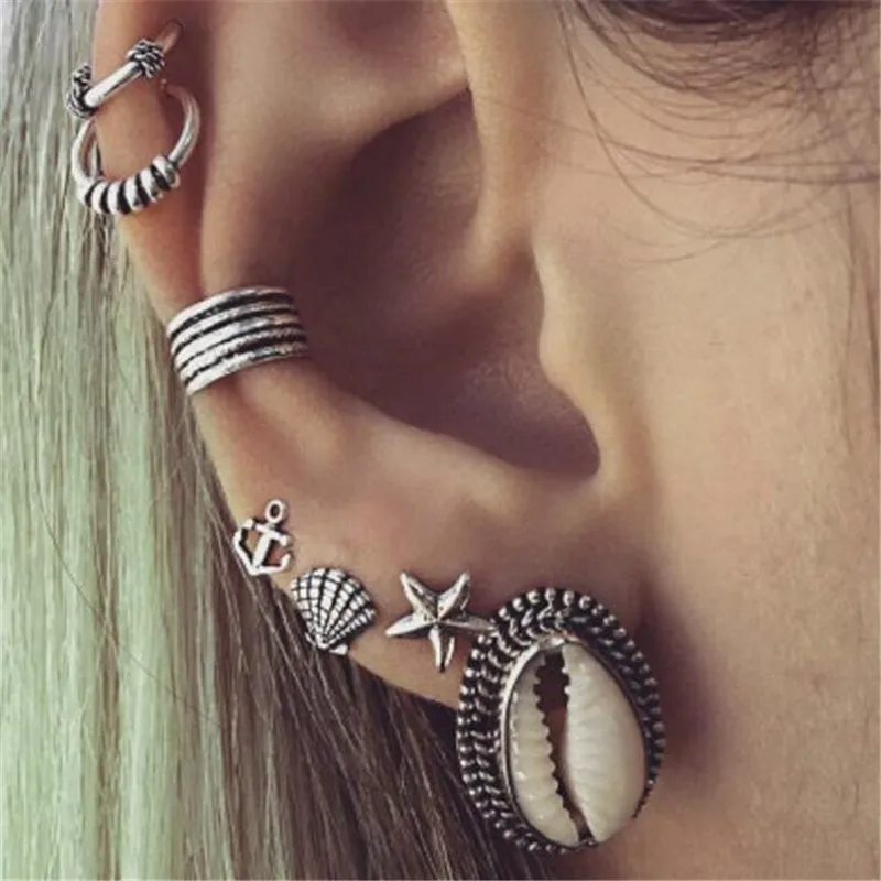 

7 Piece Set Punk Style Silver Color Earring Sets Ethnic Bohemia Ear Clip Stud Earrings For Women Feather Leaf Owl Earrings Whole