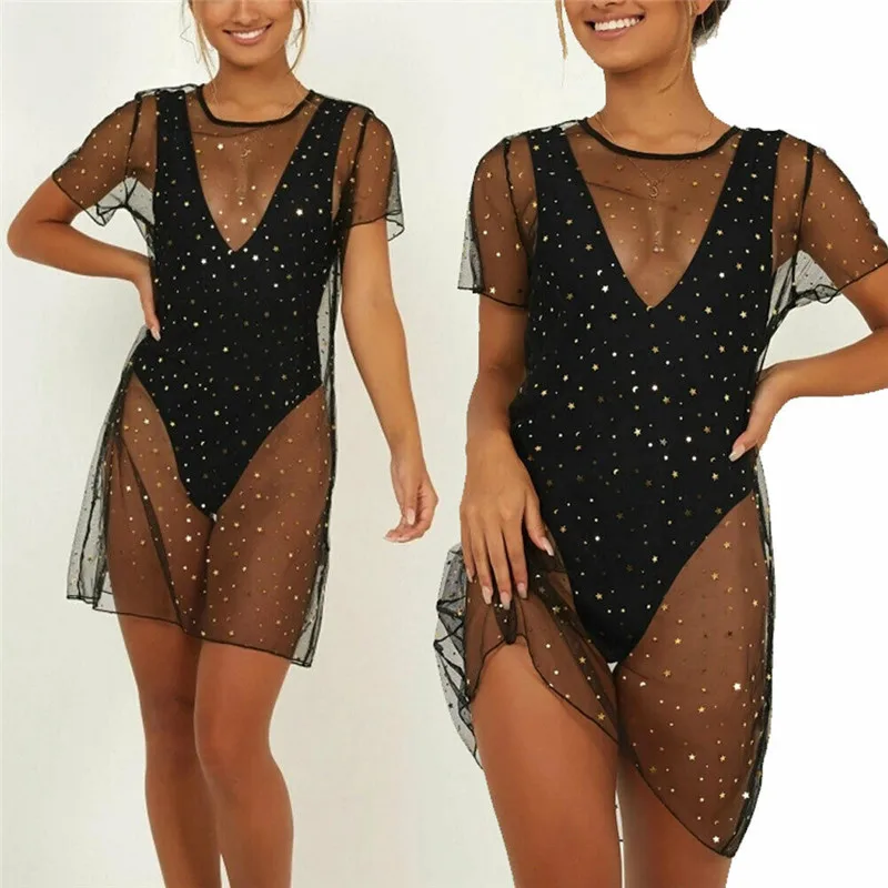 

Women 1PC Swimwear Cover Up Sequined Mesh Dress Swimwear Swimsuit Beach One-Piece Suits